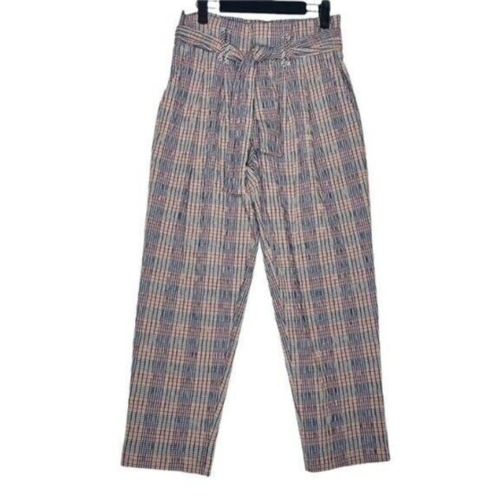 Plaid Paperbag Waist Pants Multi Color High Rise Straight Leg Trousers with Belt